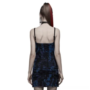 Backless gothic mini dress with adjustable spaghetti straps and skull buckle hardware, back full-body view
