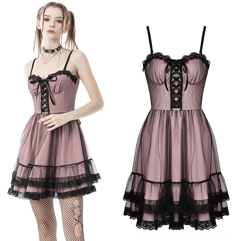 Gothic slip dress front half view with layered lace skirt hem and satin ribbon lace-up detail