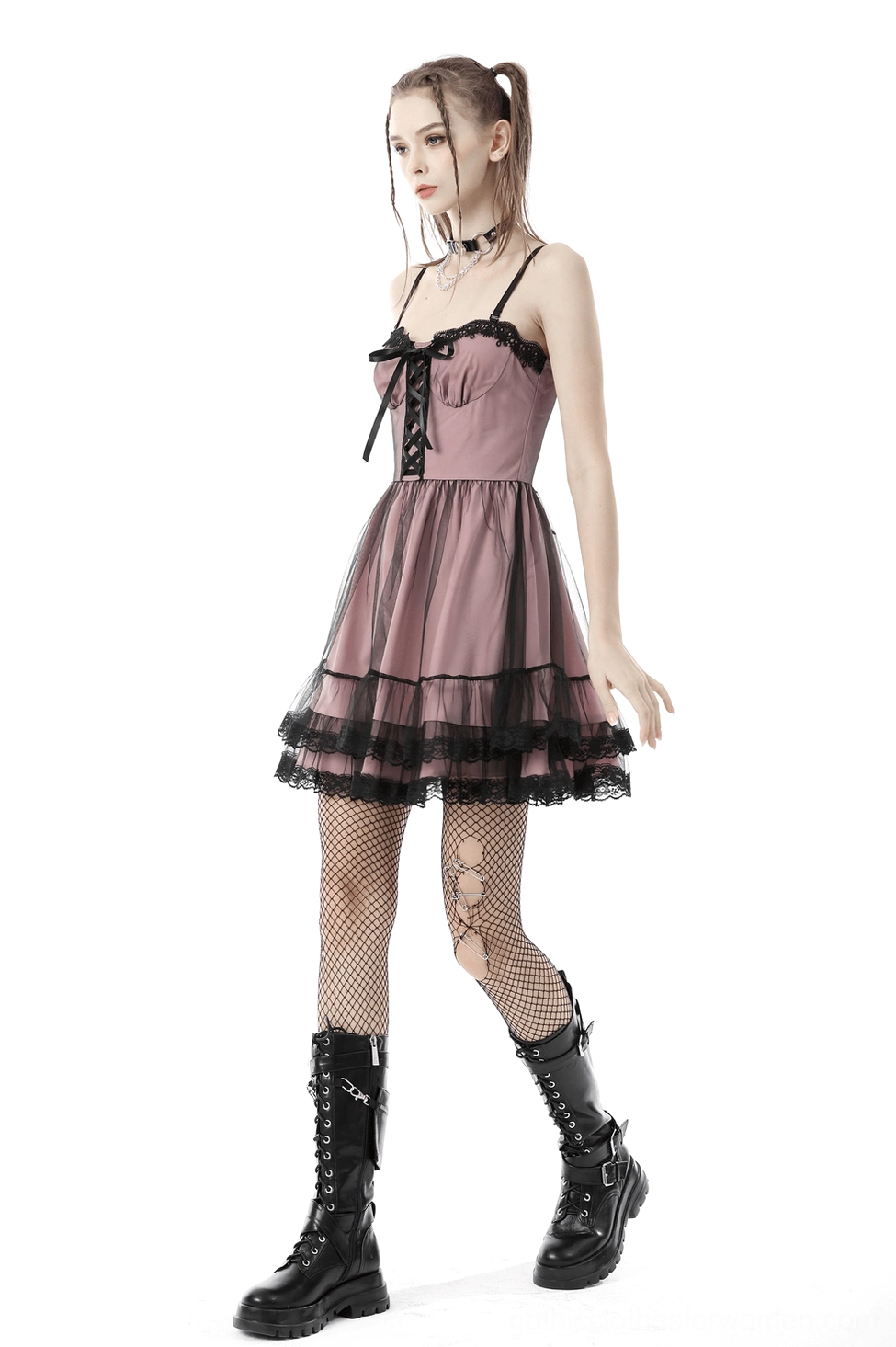 Dusty pink gothic slip dress with black scalloped lace trim and satin corset lacing detail