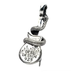 Antique silver guitar snake pendant showing side oblique angle with engraved 925 sterling stamp and gothic design