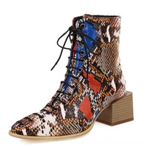 Mixed-color snake print gothic lace-up ankle boots with pointed toe and square block heel, front three-quarter view