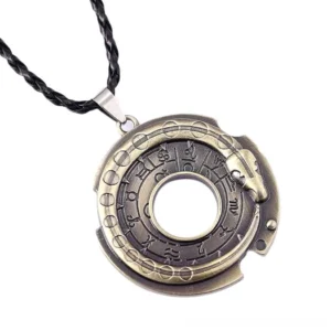 Mystic snake rune gothic pendant necklace with antique bronze metal and black braided leather cord, front-facing close-up view on white background