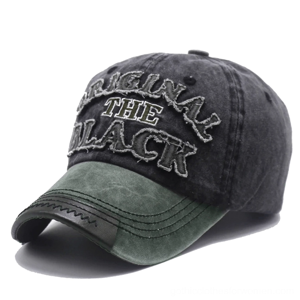 Army green and black vintage-washed gothic cap military-inspired dark aesthetic