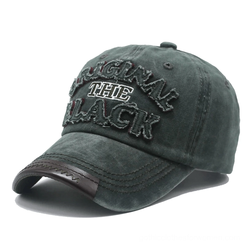 Dark green faded cotton gothic baseball cap with leatherette brim trim detail