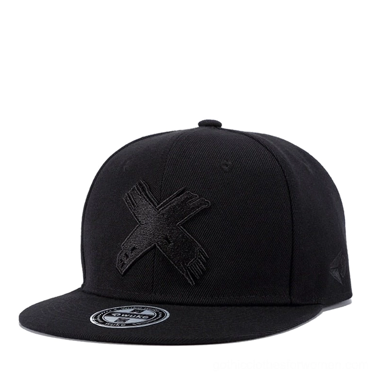 All-black gothic snapback baseball cap with black embroidered detailing - front three-quarter view