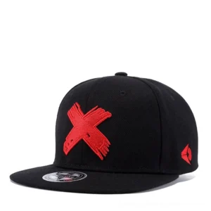 Black and red gothic snapback cap with embroidered X mark - front three-quarter view