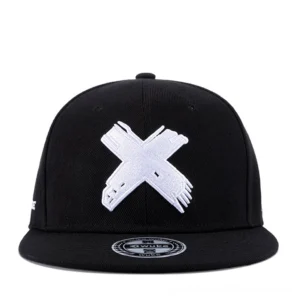 Black and white gothic baseball cap with front embroidered X design - direct front view