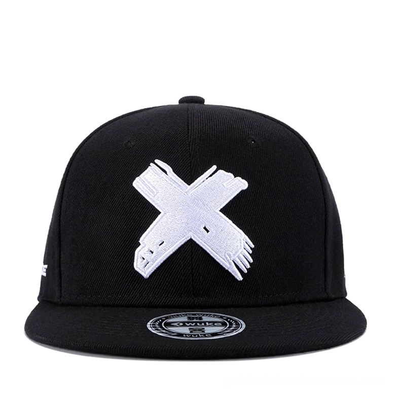 Black and white gothic baseball cap with front embroidered X design - direct front view