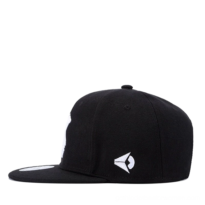 Black gothic cap with white front embroidery and side badge - side profile view