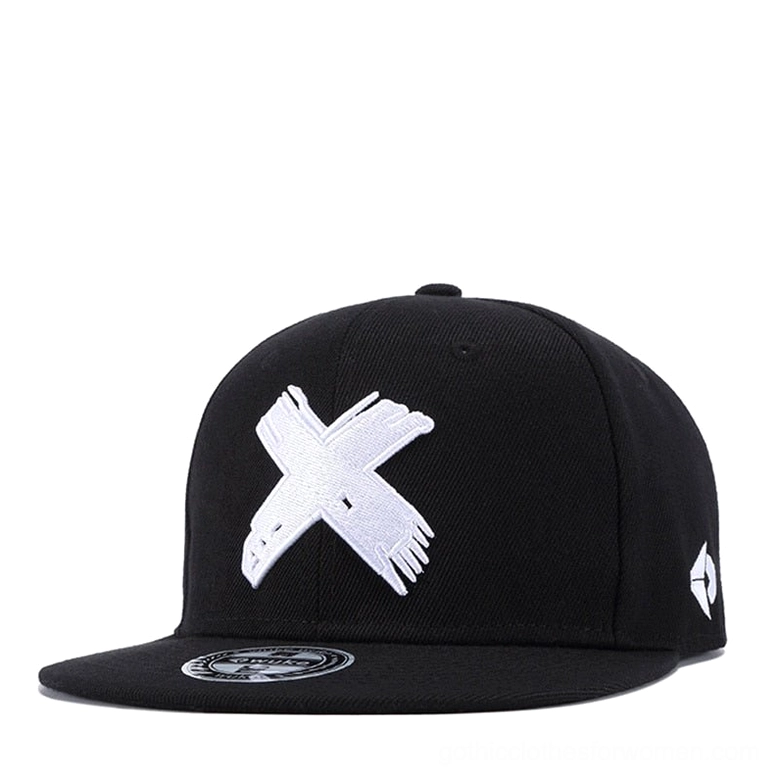 Black and white flat brim gothic cap with side embroidery detail - side three-quarter angle