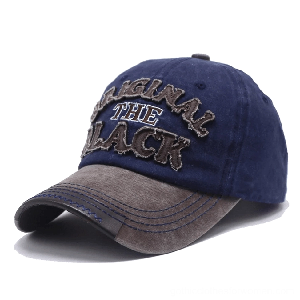 Coffee and navy blue vintage-washed goth baseball cap subtle dark aesthetic colorway