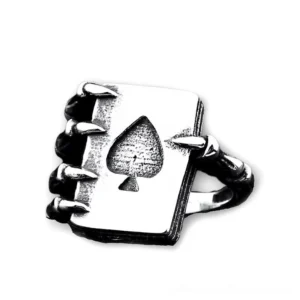 Vintage gothic spade poker ring with antiqued silver finish, front flat view showing raised spade motif detail