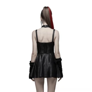 Black gothic spider web cutout mini dress back view on model revealing open back cutout design