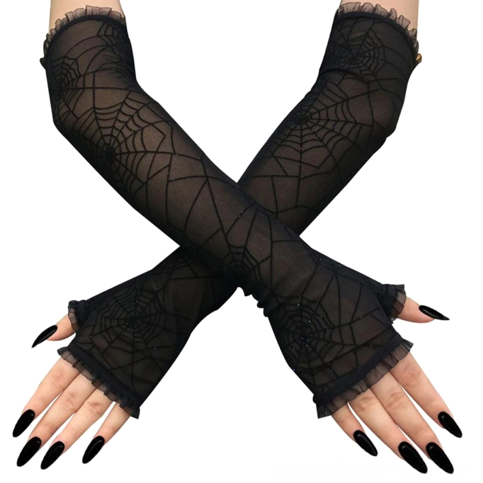 Black spider web fingerless gloves with ruffled cuff detail on female model, showing intricate mesh pattern and crossed arm styling