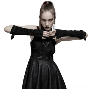 Black spider web gothic fingerless gloves front view worn by model, featuring intricate mesh cutout pattern and removable loop cuff
