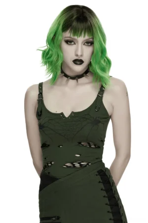 Spider web burnout gothic tank top - Front view on model wearing army green distressed mesh cami with metal buckle shoulder straps and spider web cutouts