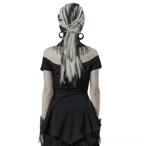 Off-shoulder gothic black knit tee back view showing exposed neckline and matching lace gloves