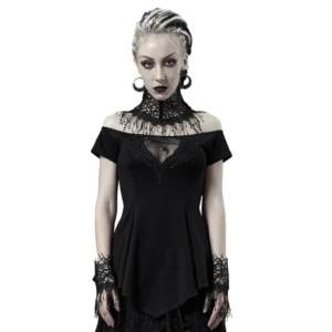 Gothic off-shoulder black tee with spider web embroidery, front view on model with braided hair and lace choker
