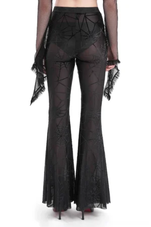 Black sheer spiderweb flare pants rear view on model - velvet spiderweb pattern and flared silhouette