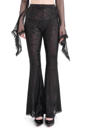 Black sheer spiderweb flare pants front view on model - gothic mesh trousers with high waist and flared hem