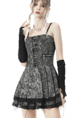 Black lace fingerless long gloves with spiderweb embroidery worn on model, half-body side-front angle showcasing arm coverage