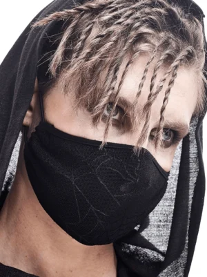 Close-up front view of breathable black spiderweb embroidered gothic face mask with adjustable ear straps