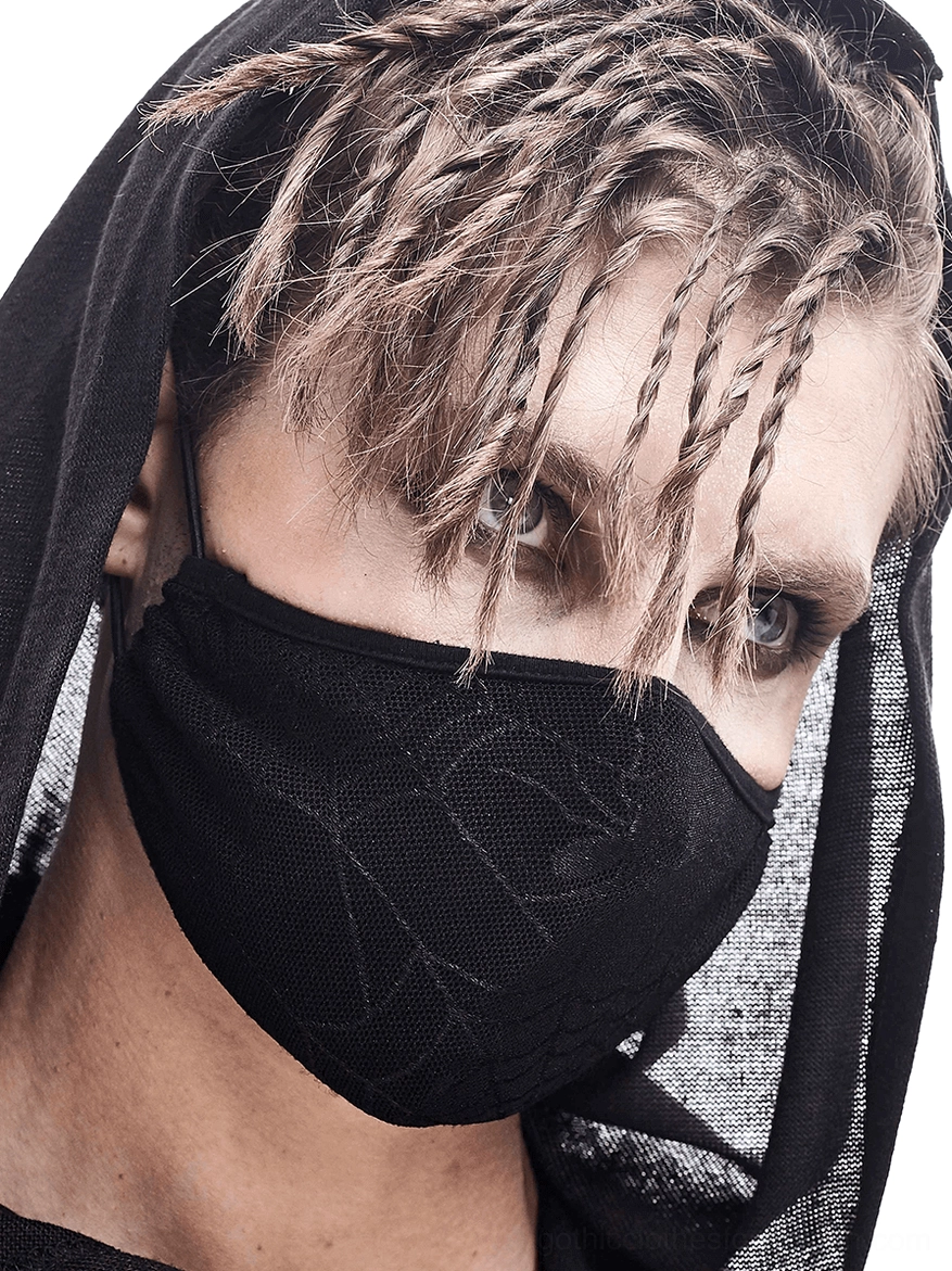Close-up front view of breathable black spiderweb embroidered gothic face mask with adjustable ear straps