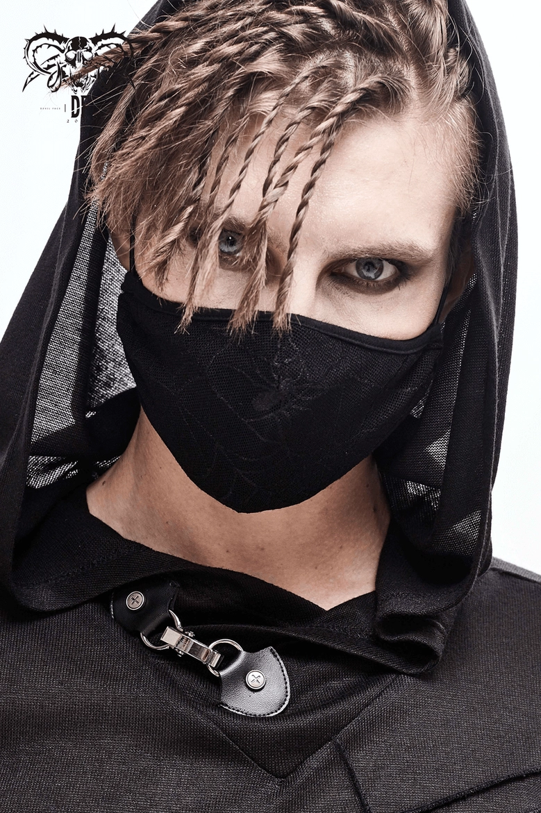 Black spiderweb gothic face mask showing complete adjustable ear strap system with plastic buckles and elastic cord