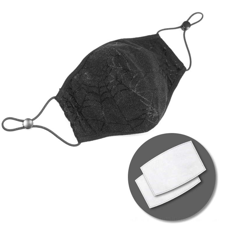 Oblique side view of spiderweb face mask displaying replaceable filter slot and adjustable ear cord construction