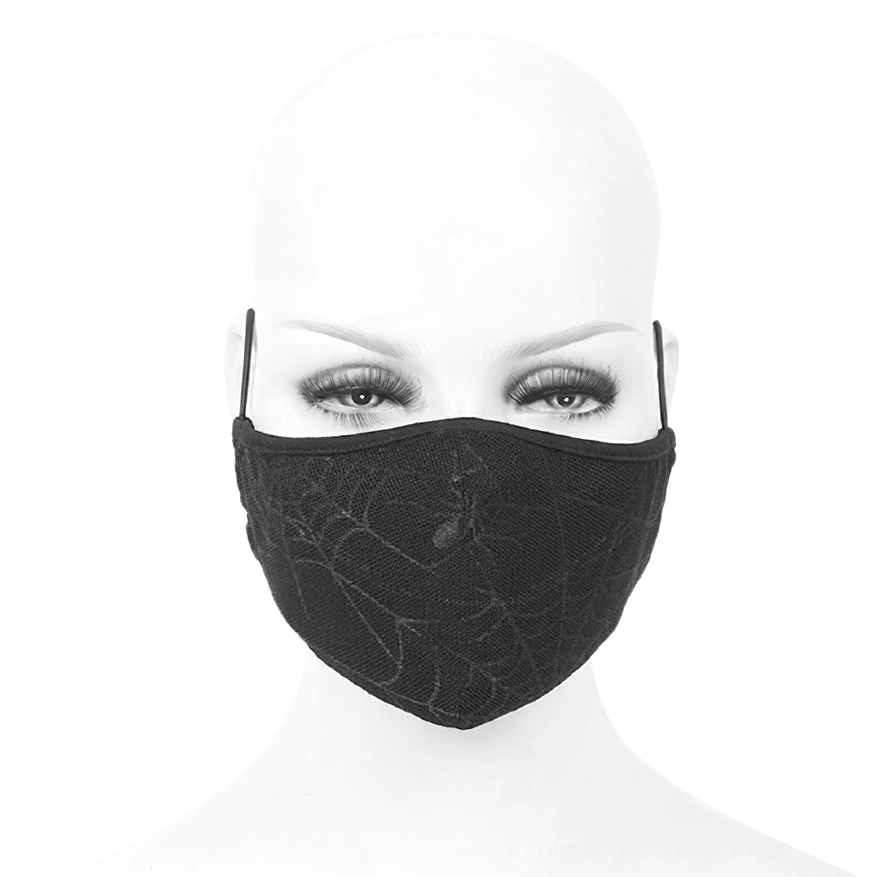 Black gothic spiderweb face mask displayed on mannequin head showing full front view with embroidered pattern