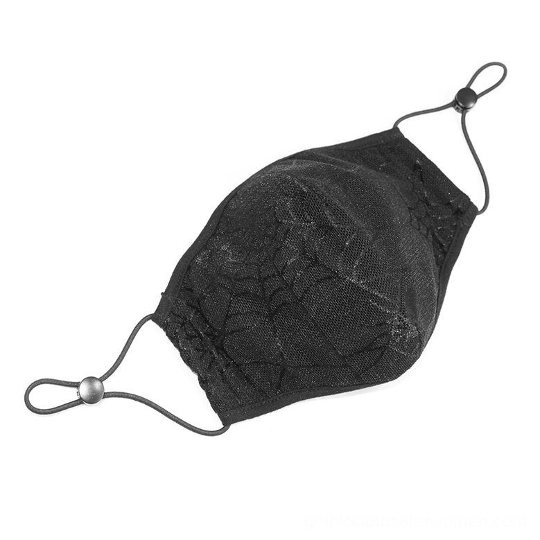 Overhead angle view of black gothic spiderweb mask showing adjustable buckle ear straps and fabric detail