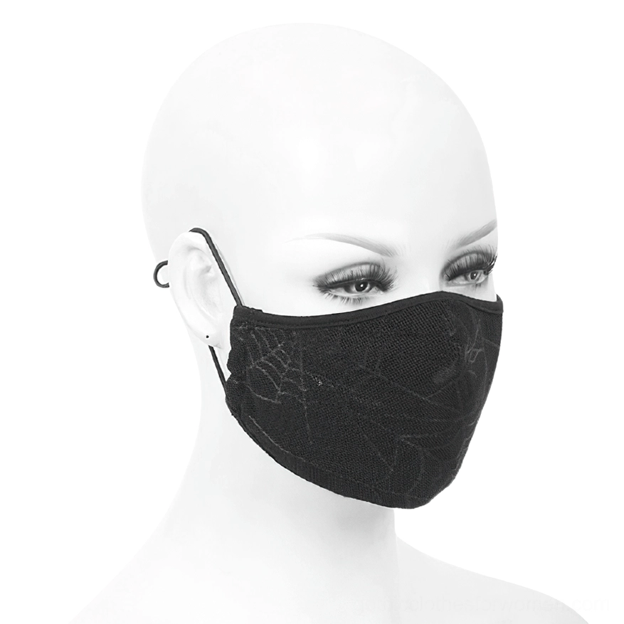 Left side profile view of adjustable gothic spiderweb face mask showing ear loop and buckle detail