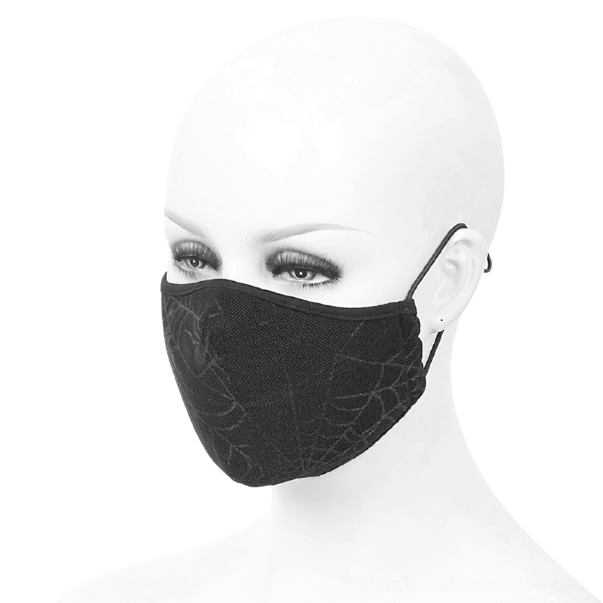 Right side profile view of fitted black spiderweb gothic mask displaying adjustable ear strap construction