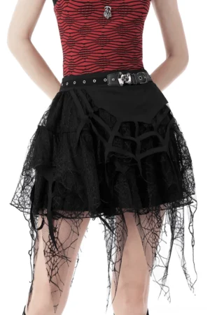 Black spiderweb lace gothic mini skirt with metal buckle belt - rear view on model showing layered tulle and tattered lace hem