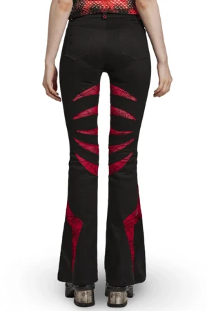Black and red spiderweb mesh gothic pants back full body view with flared hem