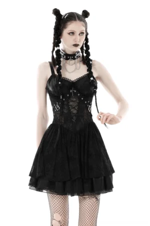 Black spiderweb lace gothic suspender dress front full-body view with metal cross buckles and adjustable straps