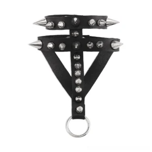 Gothic spike studded bracelet flat lay top down view with metal ring accent