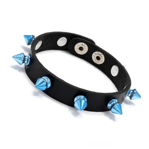 Punk leather bracelet with metal studs side view adjustable snap closure detail