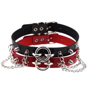 Double-layer gothic PU leather choker with silver spikes, chains, and O-rings in black and red - flat lay product photography