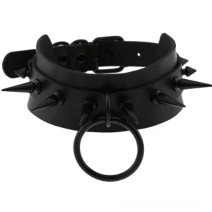 Double row spike studded leather gothic choker with adjustable buckle, top-down display