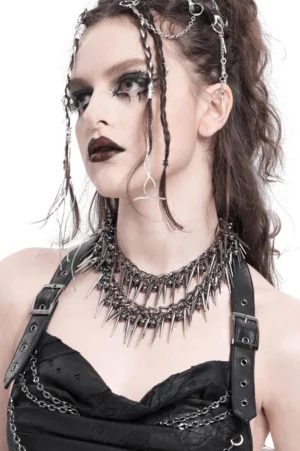 Gothic spike choker necklace side profile view with dramatic black and gunmetal metal spikes on model with goth makeup