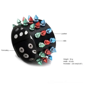 Gothic spike cuff bracelet side view displaying metal alloy cone studs and adjustable rivet closure system, fashion jewelry accessories