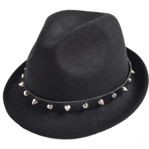 Black gothic spike studded wool fedora hat with metallic rivet leather band, front overhead view on white background