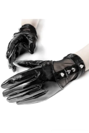 Overhead flat lay view of black gothic spike gloves showing metal rivet strap wrist design and conical details