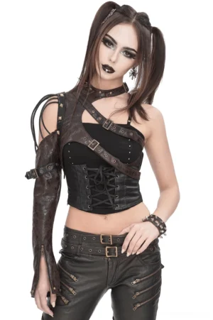Brown spike harness one-shoulder gothic punk corset with long sleeve - front full body view on model with gothic styling