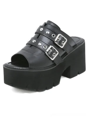 Black gothic spike platform sandal front three-quarter view showing open toe design metal studs