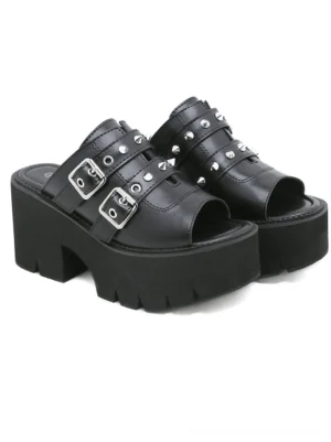 Gothic spike platform sandals black chunky block heel mules with dual metal buckle straps full pair view