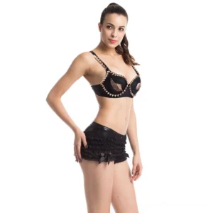 Spiked angel wings black gothic bustier lingerie set showing three-quarter front view with wing appliqués