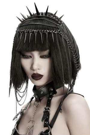 Black spiked chain crown headpiece worn by model with bob hairstyle, front view showcasing gunmetal spikes and hanging chain tassels