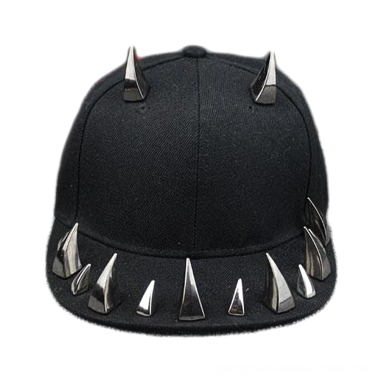 Front view of black gothic spiked cap showing full brim stud coverage and prominent horn spikes on crown